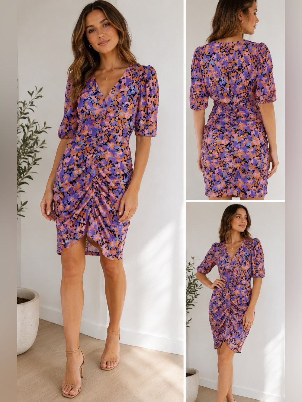Pull&Bear Floral Ruched Midi Dress Puff Sleeve Purple Orange Size S Bodycon